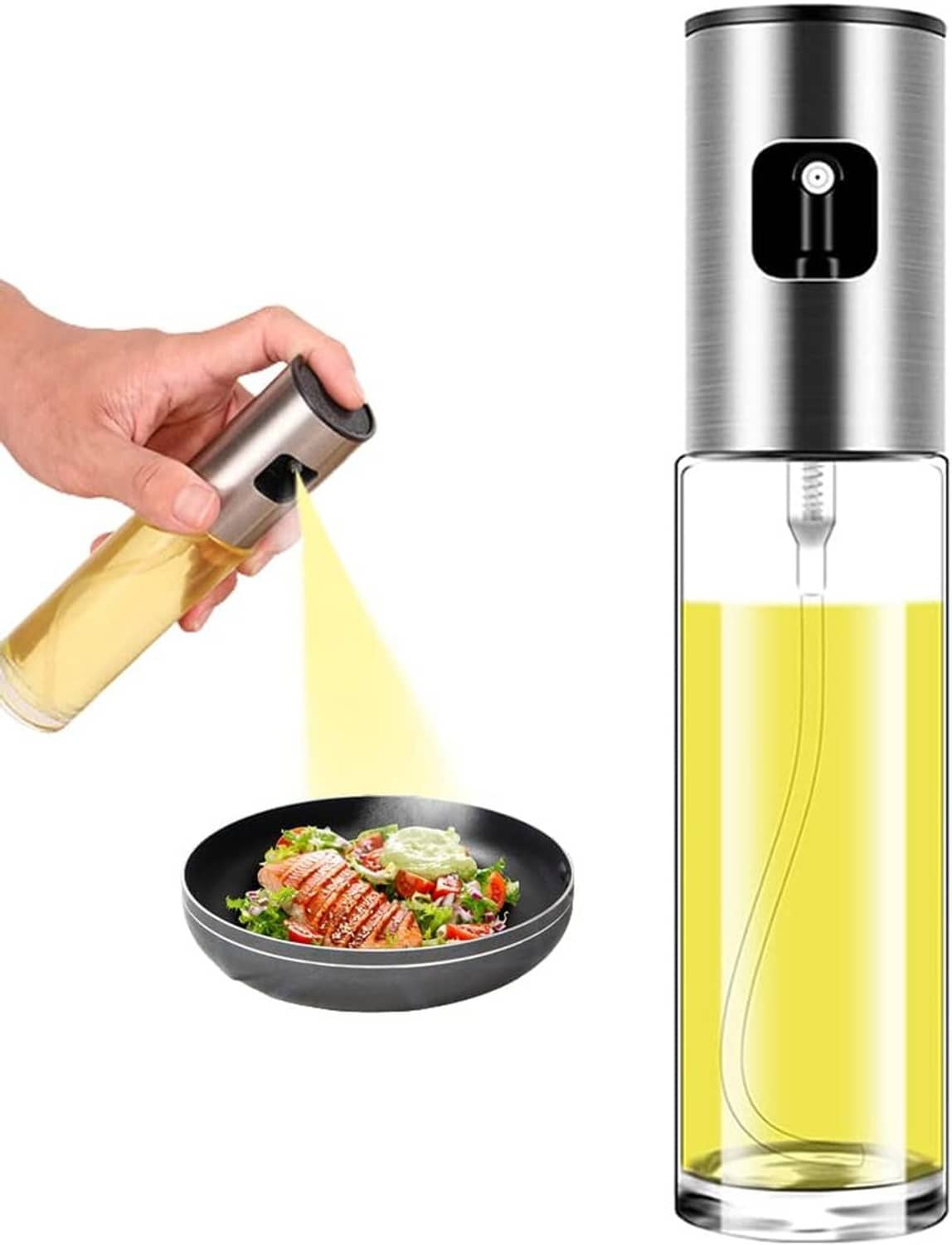 Stainless steel oil sprayer bottle with black nozzle and clear reservoir filled with oil