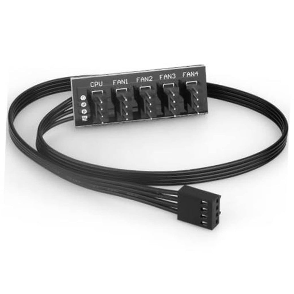 PC fan splitter hub with CPU header and four fan ports, black cables