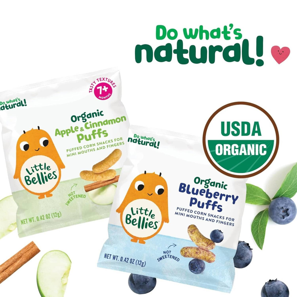 Little Bellies organic apple cinnamon and blueberry puffs pouch set with USDA organic seal