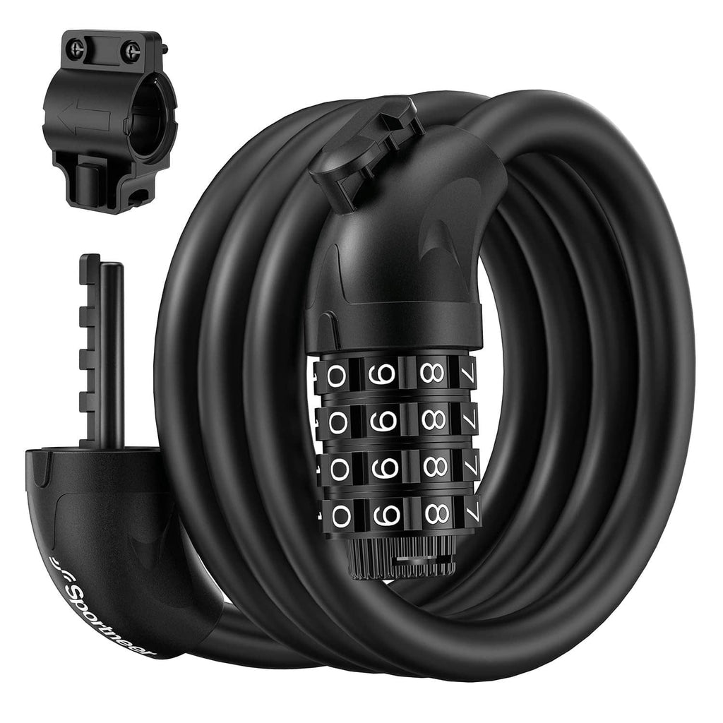Black coiled cable lock with 4-digit number keypad and mounting bracket