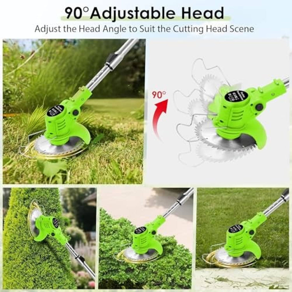 Green cordless grass trimmer with adjustable cutting head and circular blade