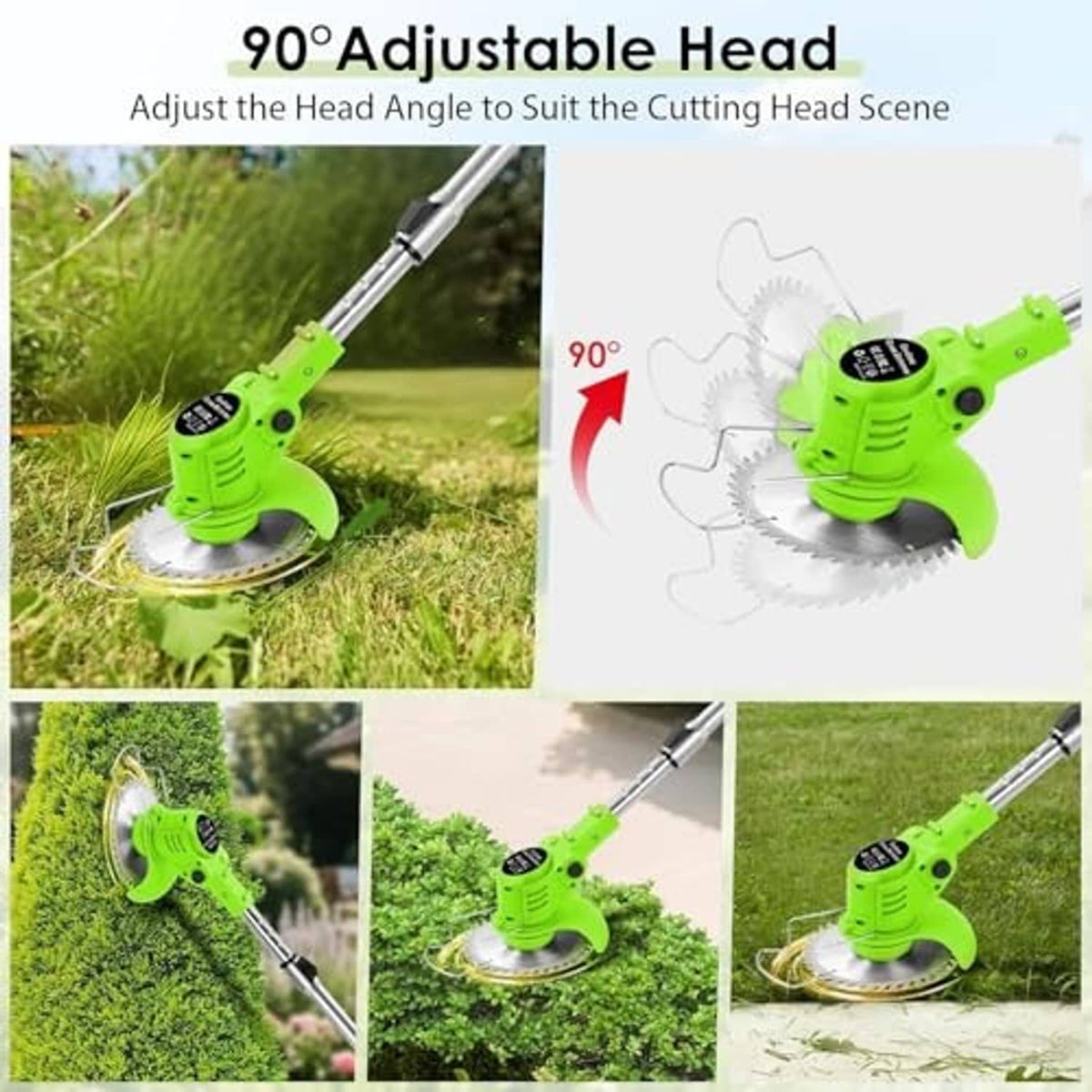 Green cordless grass trimmer with adjustable cutting head and circular blade