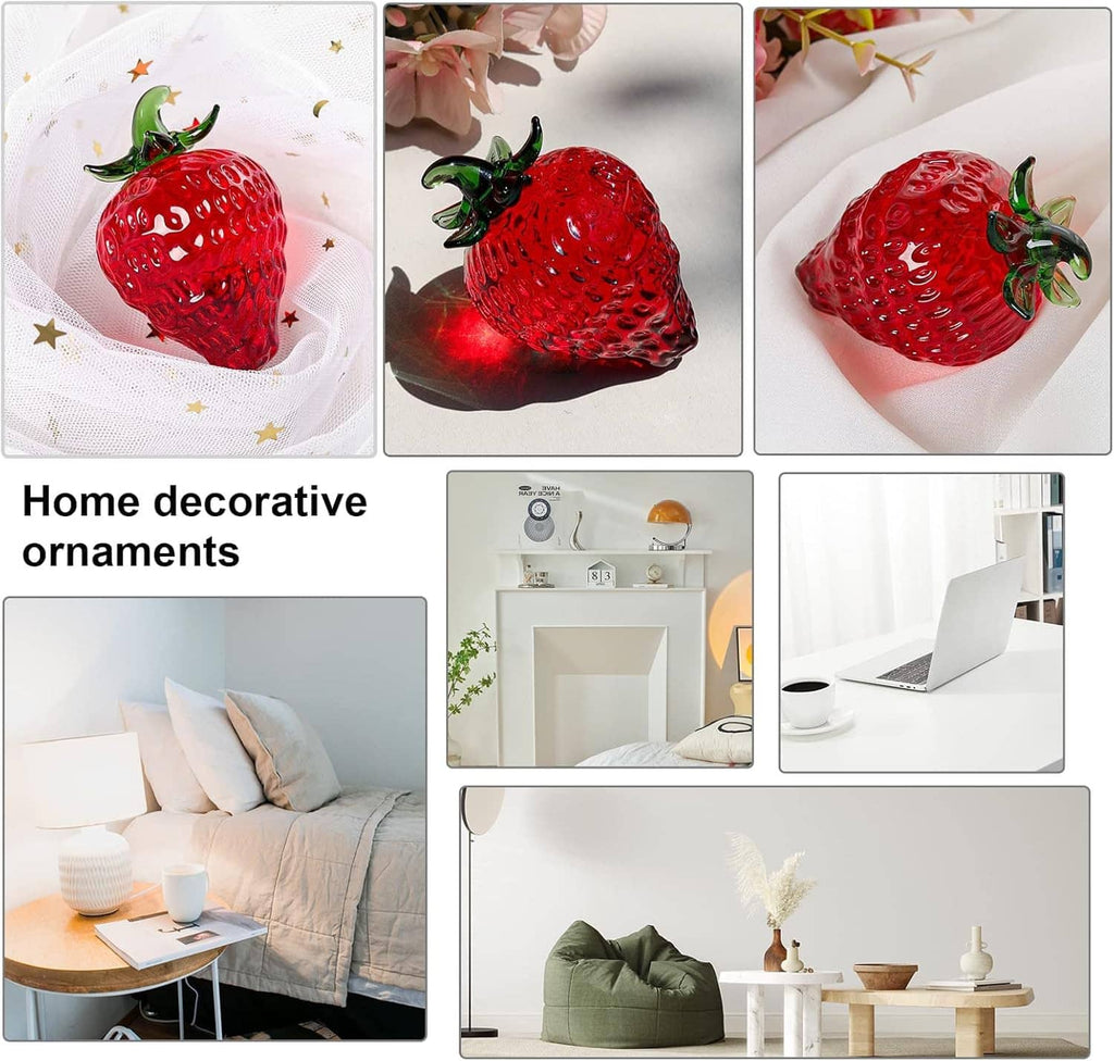 Red glass strawberry paperweight figurine displayed in multiple home decor scenes