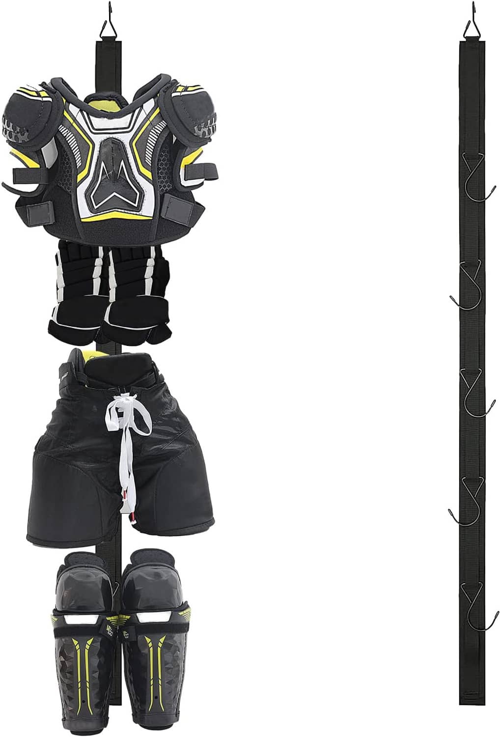 Portable hanging drying rack with hockey shoulder pads, shorts, and shin guards set