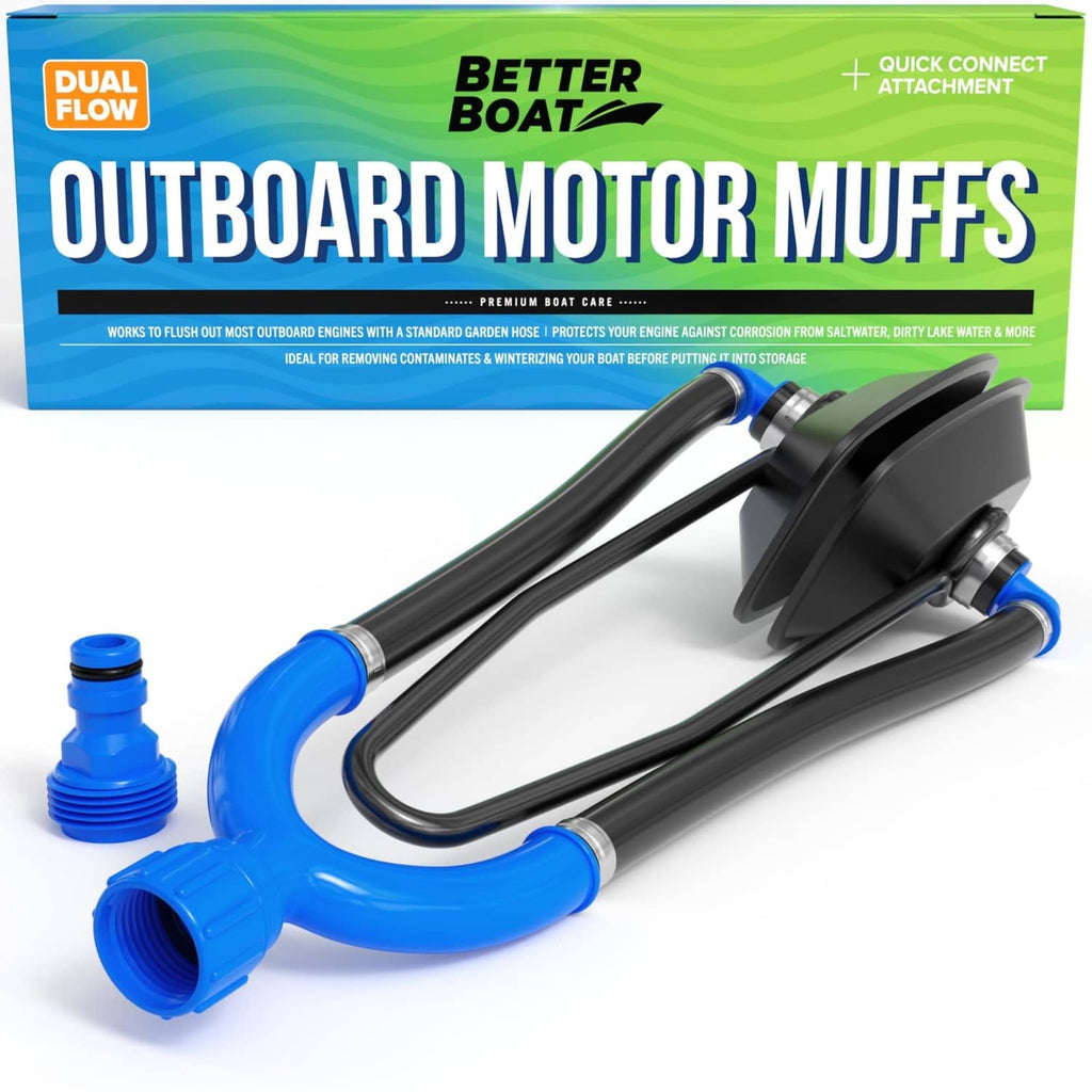 Better Boat dual-flow outboard motor flush muffs, blue tubes and black end plate