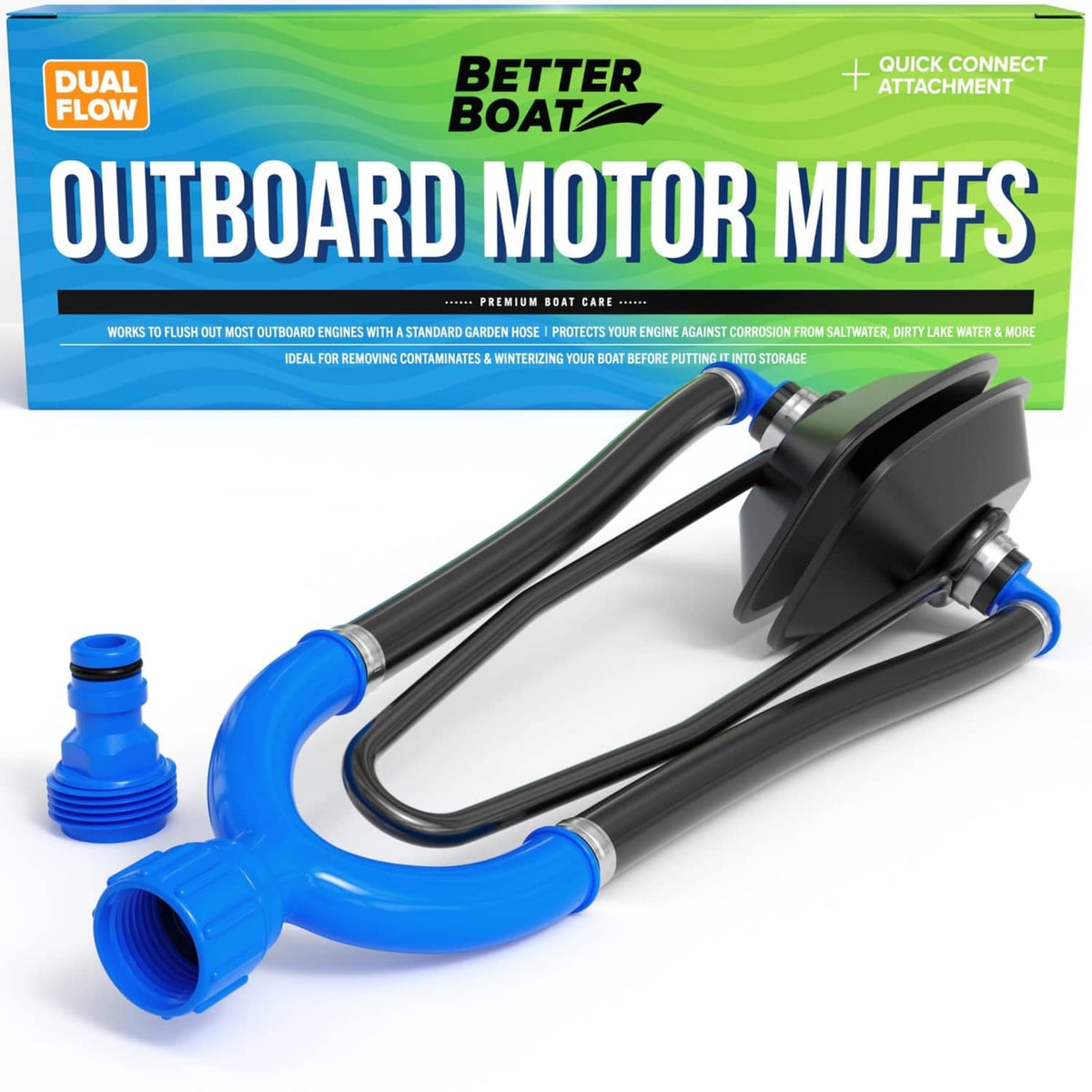 Better Boat dual-flow outboard motor flush muffs, blue tubes and black end plate