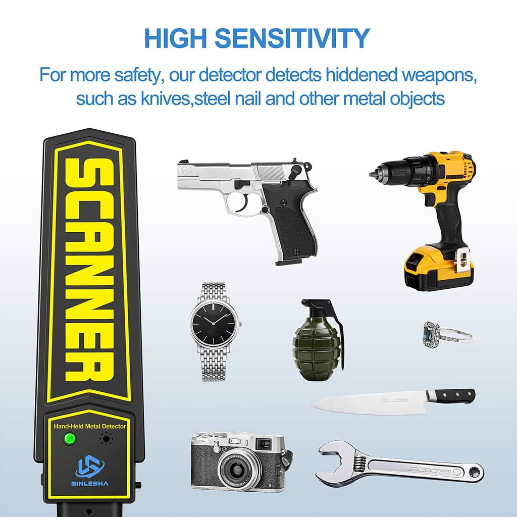 Black handheld metal detector wand with yellow SCANNER panel and LED indicator
