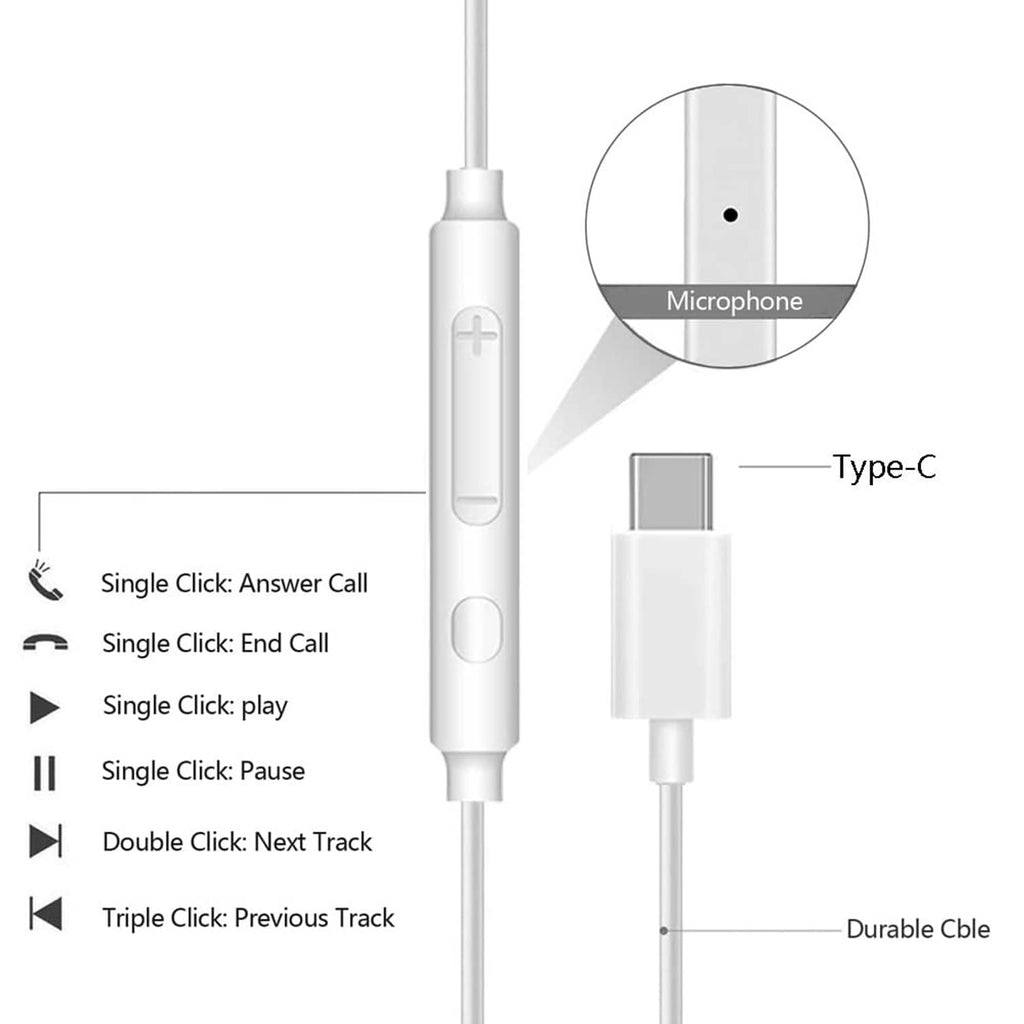 White wired USB-C headphones with in-line remote, microphone, and Type-C connector