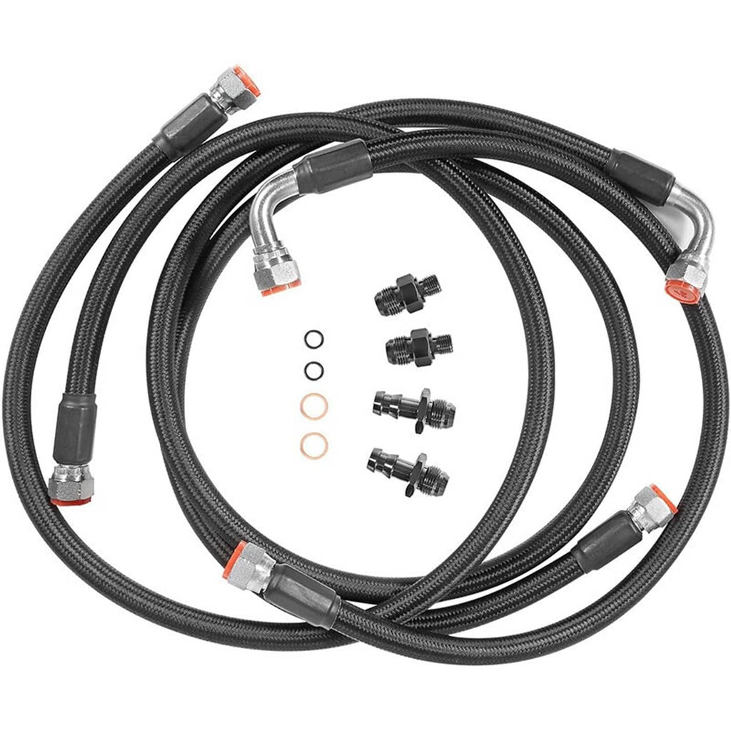 Braided transmission cooler hose kit with black hoses, silver elbows, and black adapters