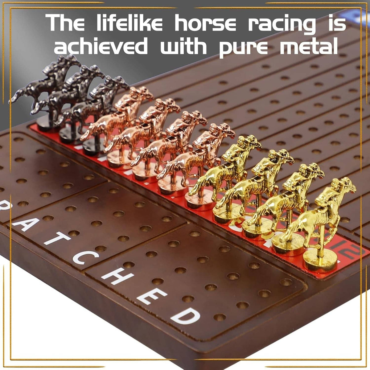 Brown horse racing board with metal horses lined along the track toward the finish