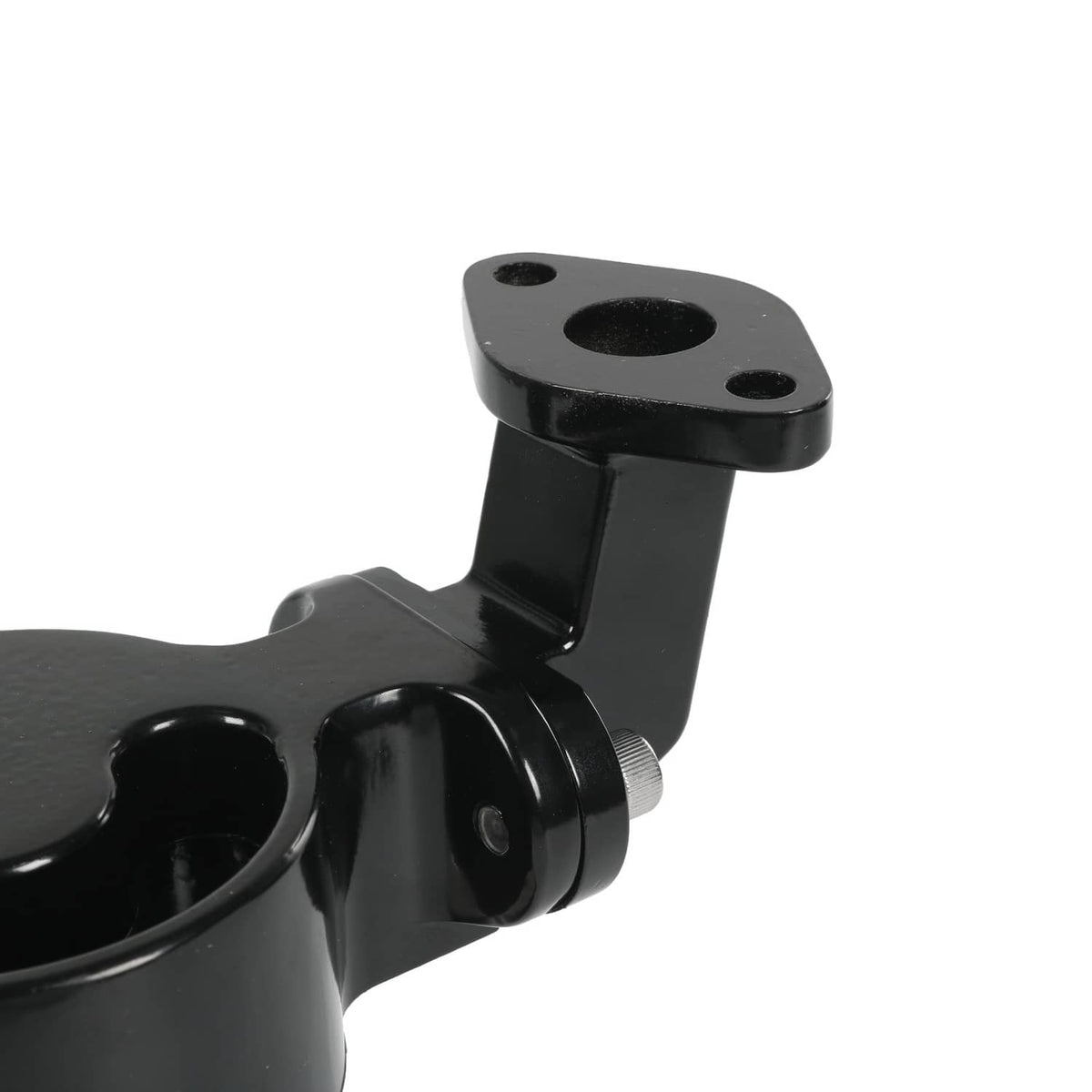 Black electric water pump outlet with mounting flange and threaded port