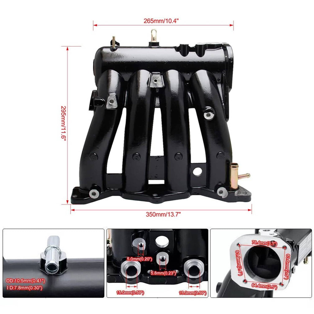 Black intake manifold dimension diagram with mounting points and port measurements