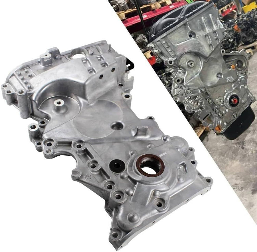 Engine timing oil pump cover, angled view with two round seal openings and mounting holes