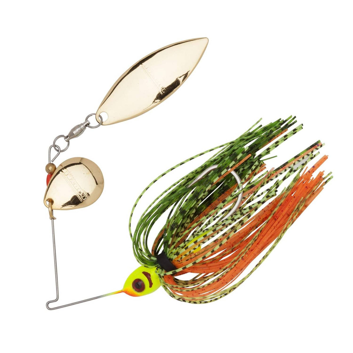 Perch-colored tandem spinnerbait fishing lure with silver blades and green/orange skirt