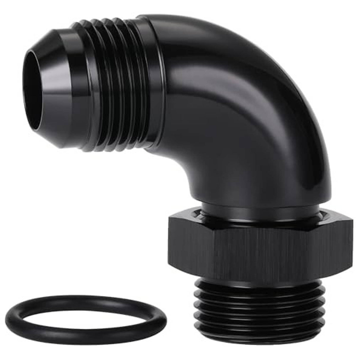 Black 90-degree AN ORB male elbow fitting with O-ring gasket, 10AN