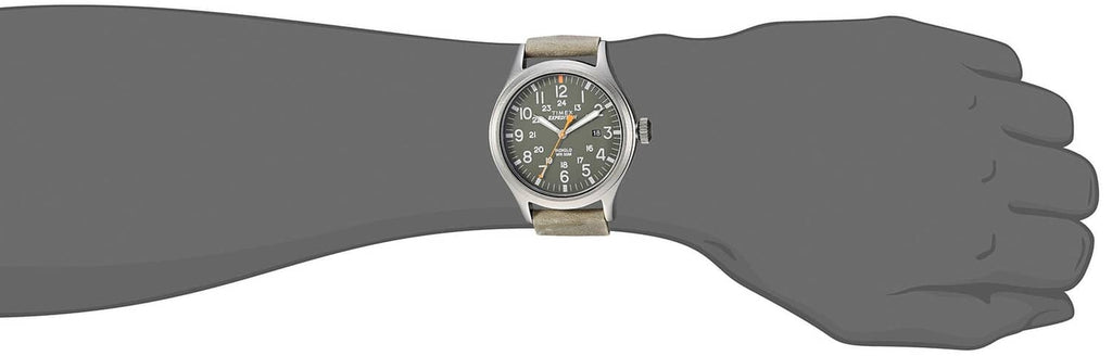 Timex Expedition 40mm watch on wrist, gray case and dark strap