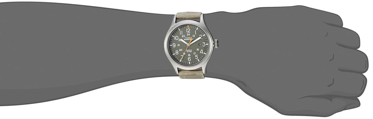 Timex Expedition 40mm watch on wrist, gray case and dark strap