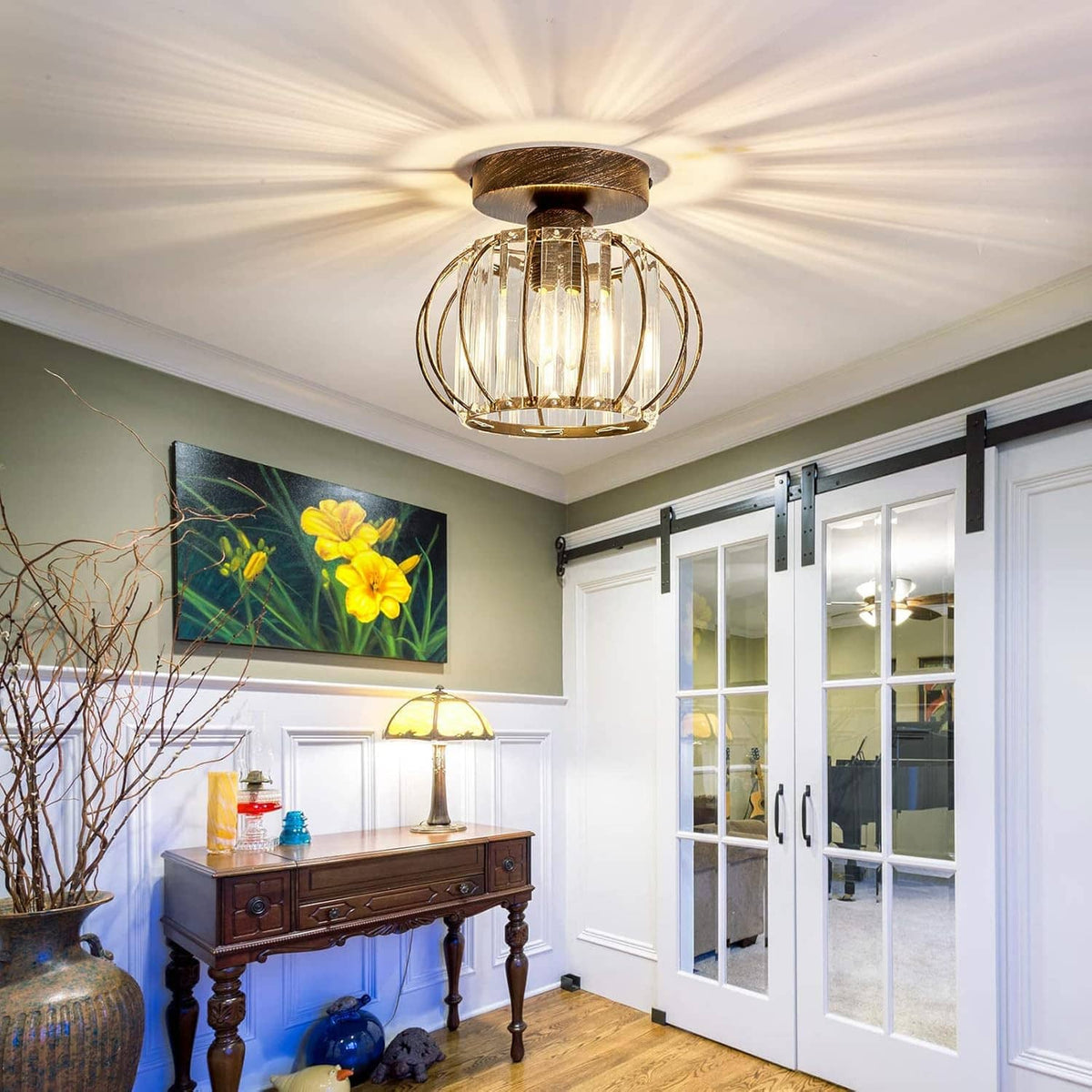Oil-rubbed bronze semi-flush crystal ceiling light with round canopy and clear cage glass