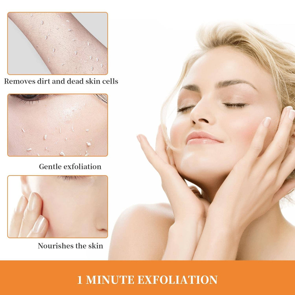 Orange exfoliating gel scrub applied to skin with gentle exfoliation benefit callouts