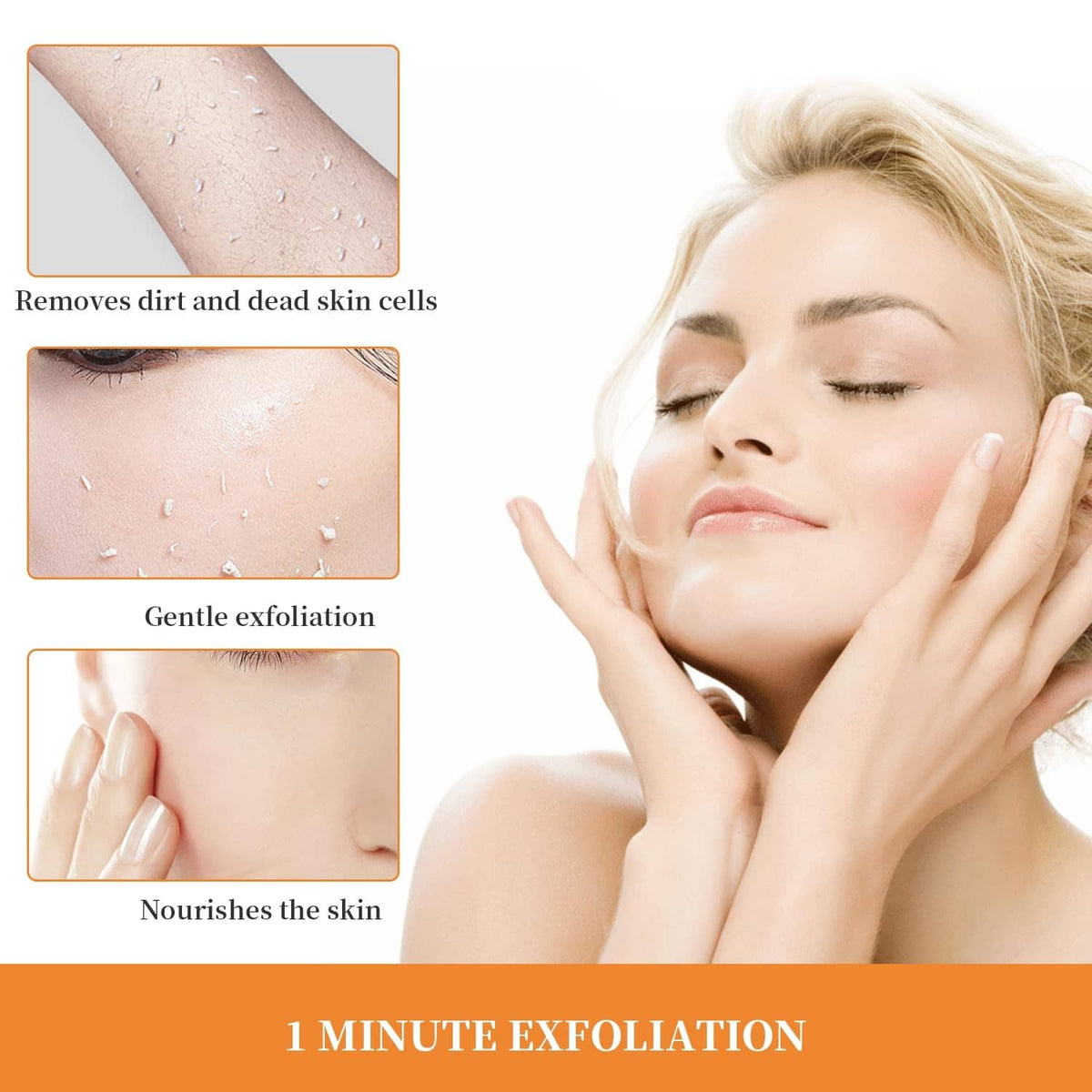 Orange exfoliating gel scrub applied to skin with gentle exfoliation benefit callouts