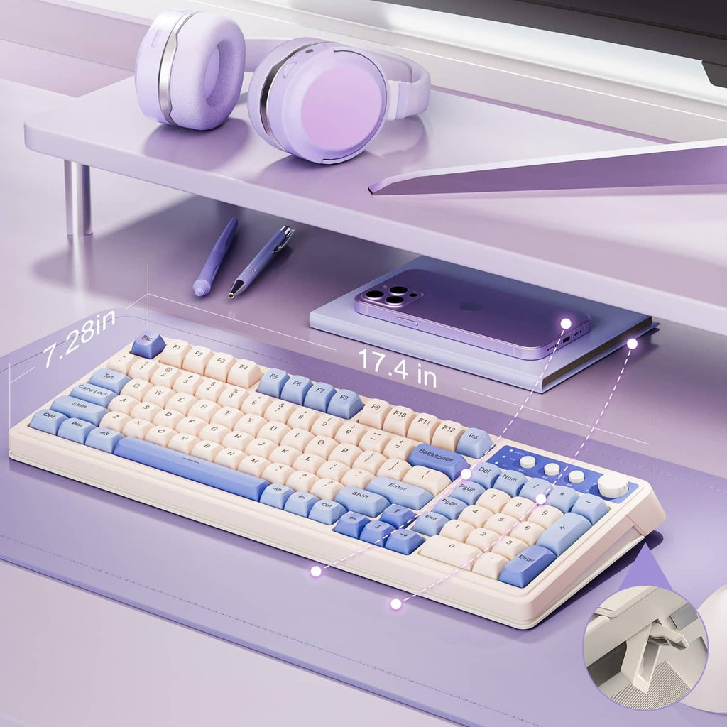 Low-profile wireless gaming keyboard with white keycaps and blue accents, top view
