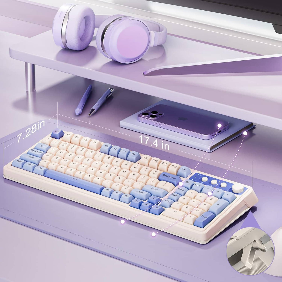 Low-profile wireless gaming keyboard with white keycaps and blue accents, top view
