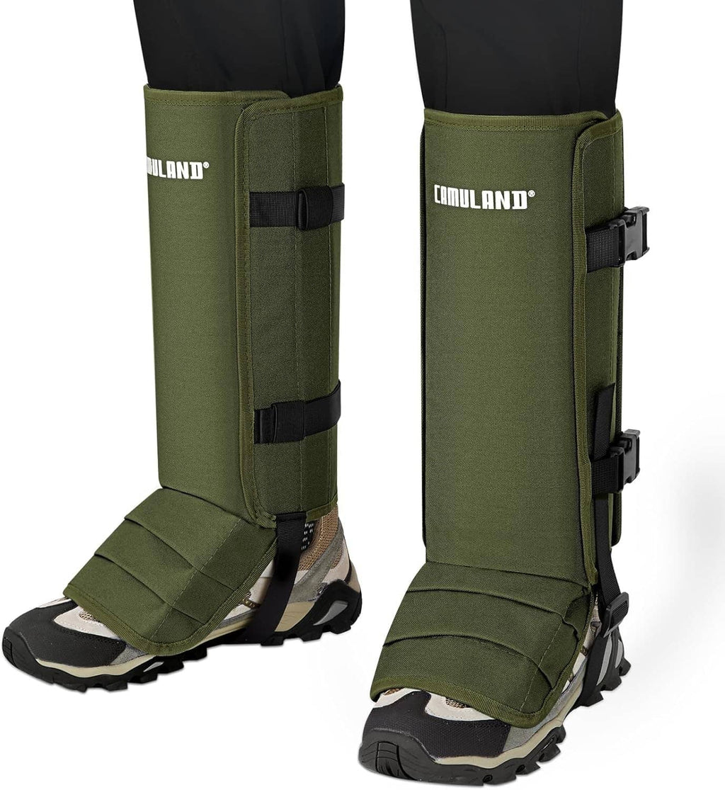Green snake gaiters with adjustable side straps and buckle closures over shoes