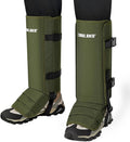 Green snake gaiters with adjustable side straps and buckle closures over shoes