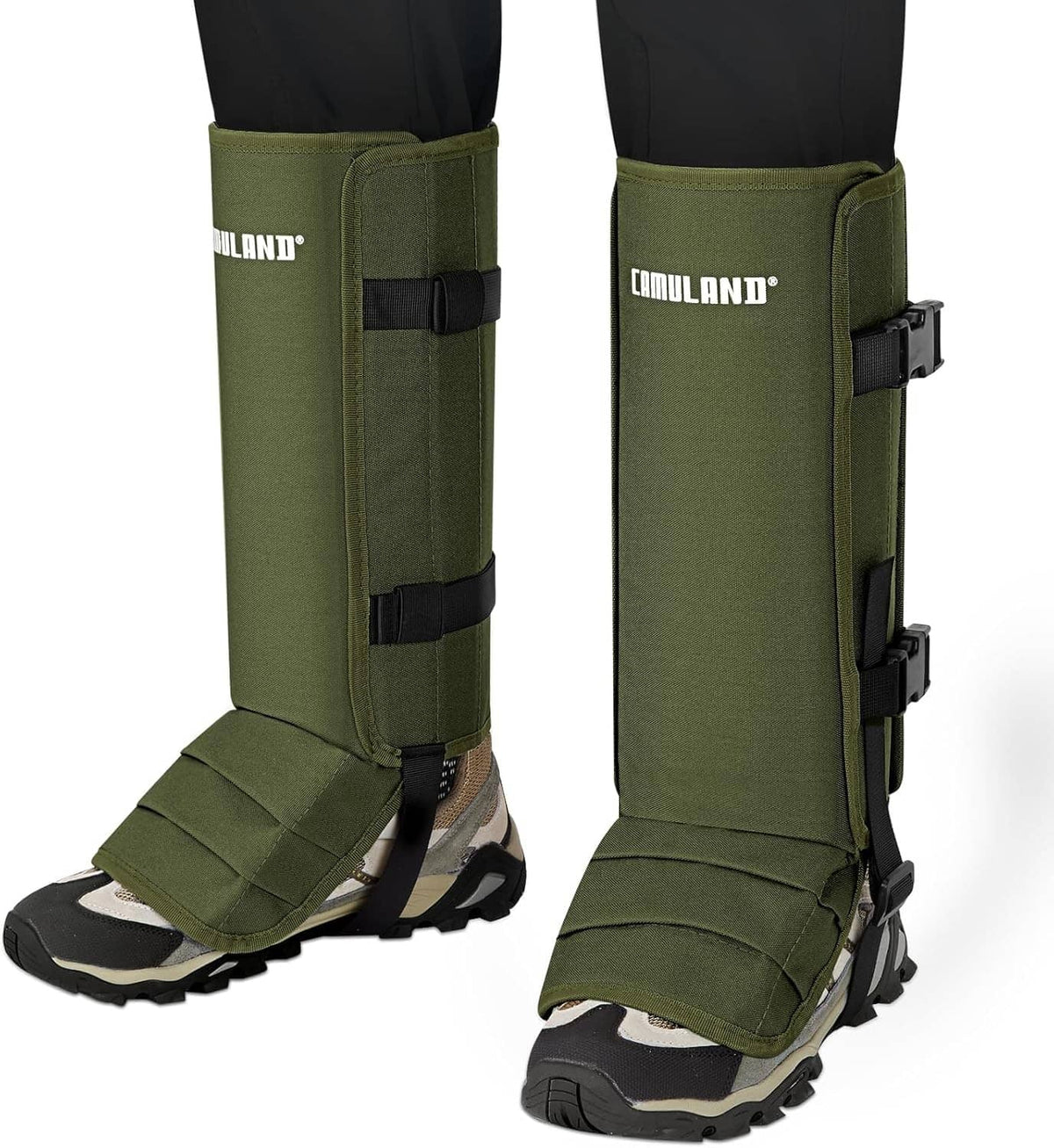 Green snake gaiters with adjustable side straps and buckle closures over shoes
