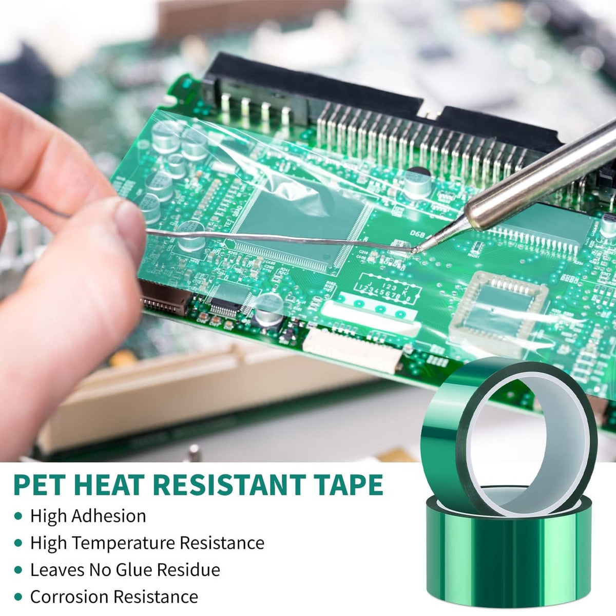 Green heat-resistant tape roll beside an electronics board during repair