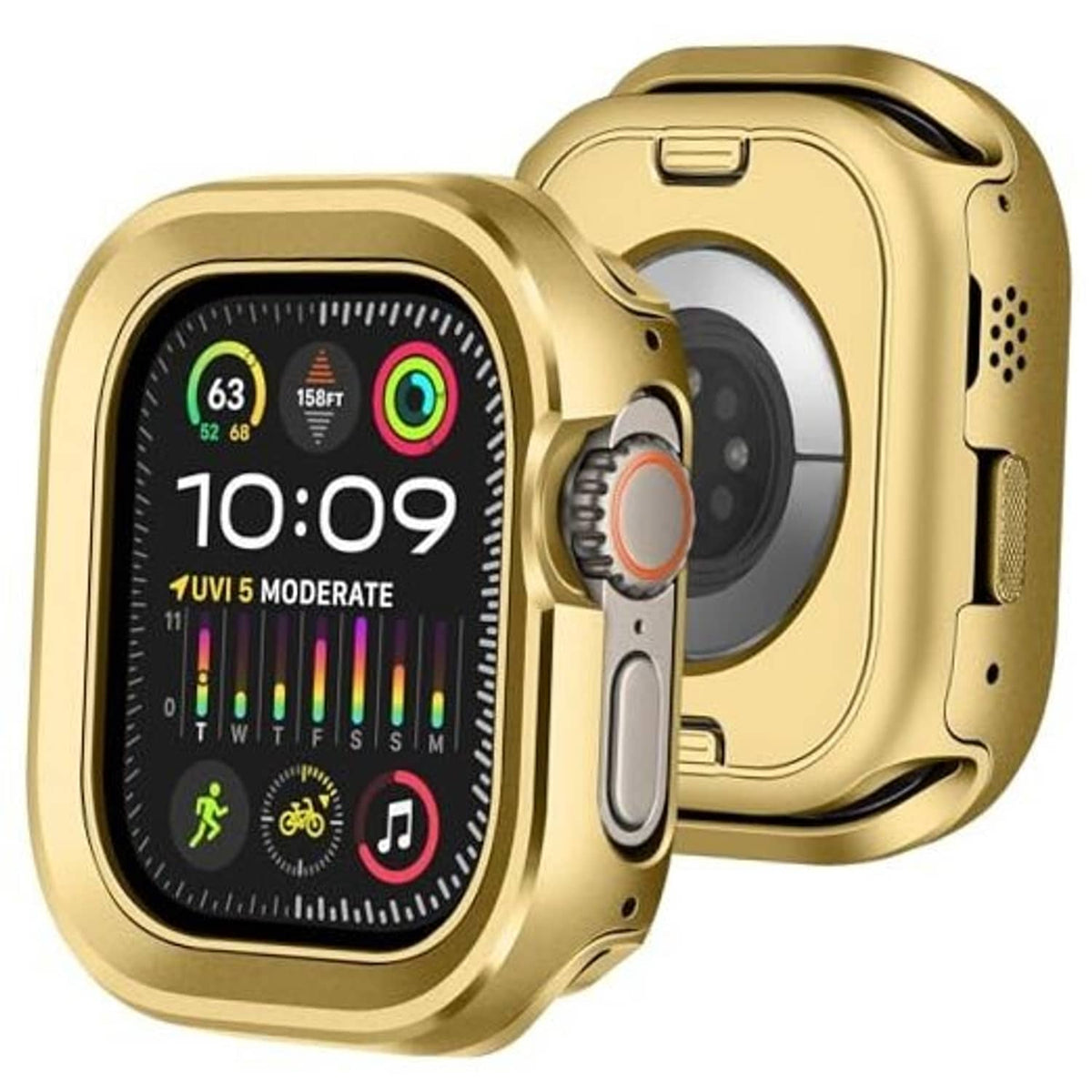 Rose gold rugged metal smartwatch case with front bezel and side cutouts