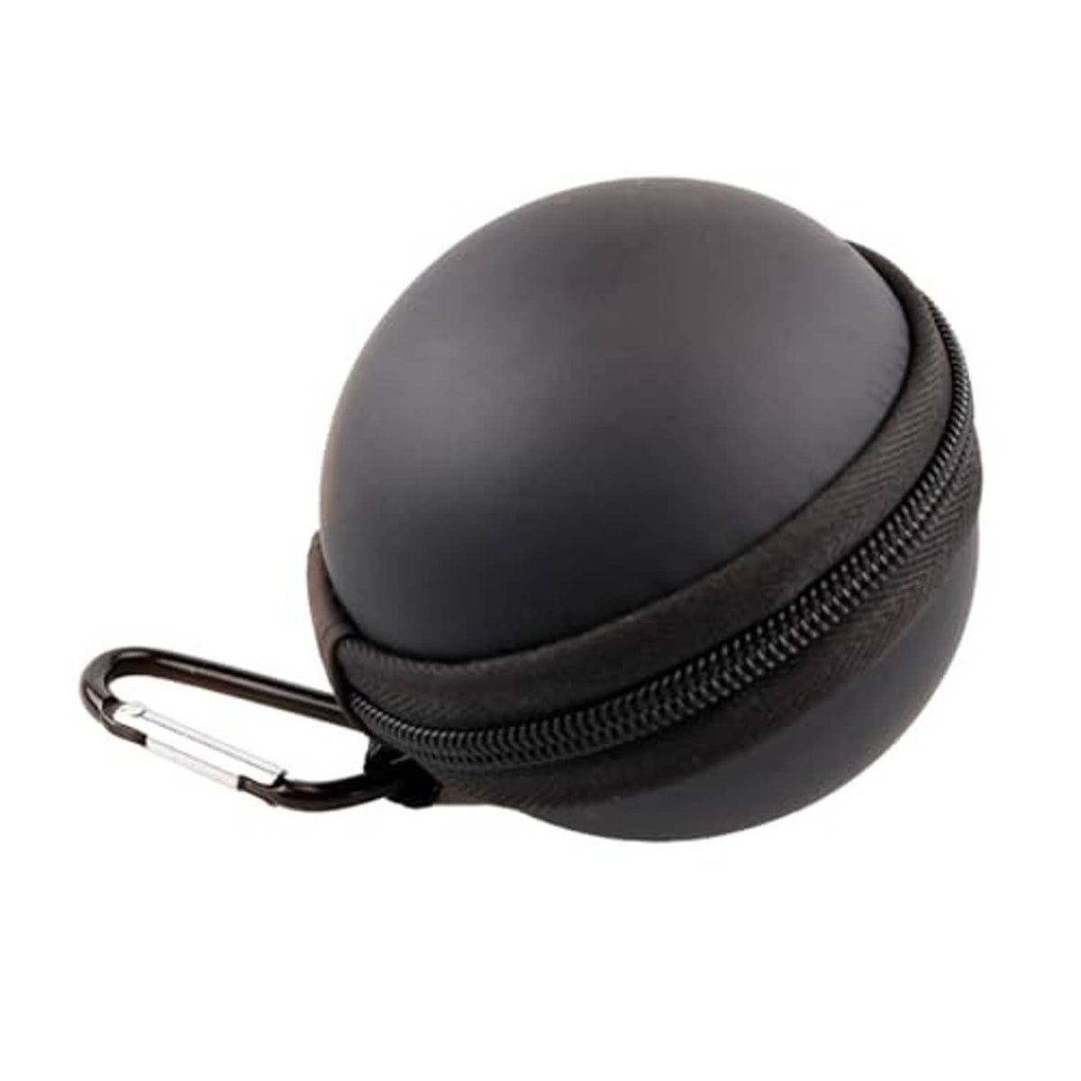 Black oval billiard ball case with zip track and metal carabiner clip