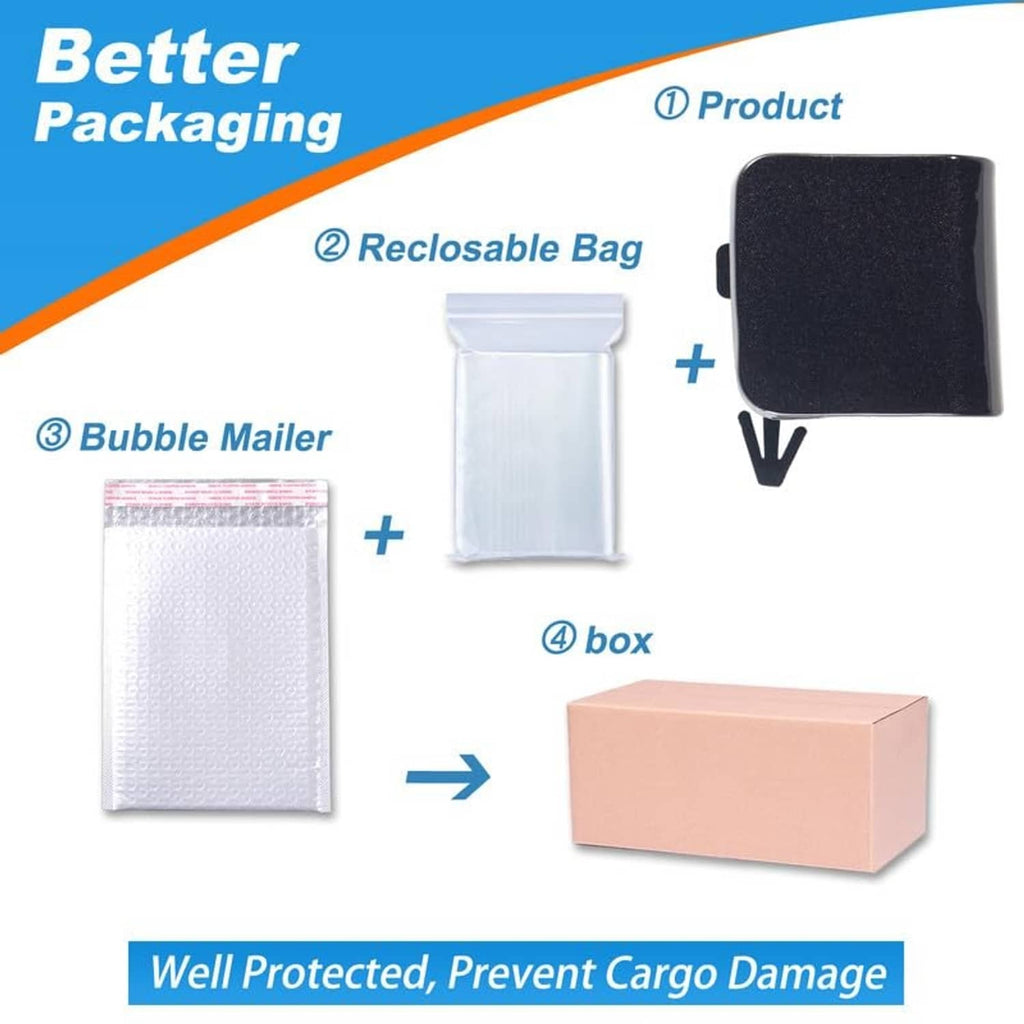 Black tow hook cover cap in reclosable bag, bubble mailer, and box