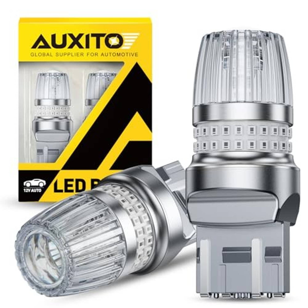 Pair of LED brake light bulbs with AUXITO packaging, chrome metal body and clear lens