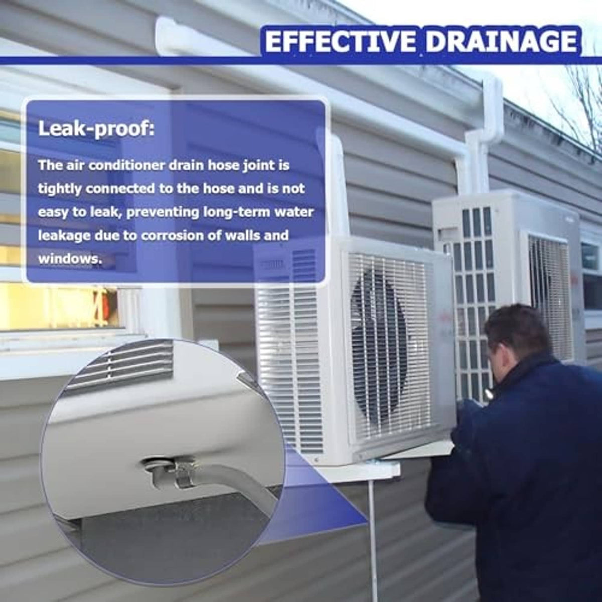 Transparent drain hose connector attached near air conditioner drain outlet