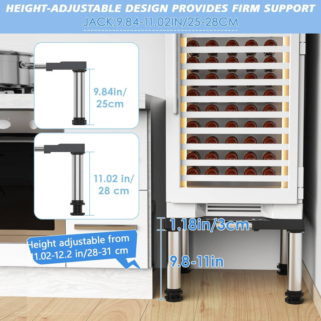 Height-adjustable mini fridge stand with telescoping legs and anti-slip black feet