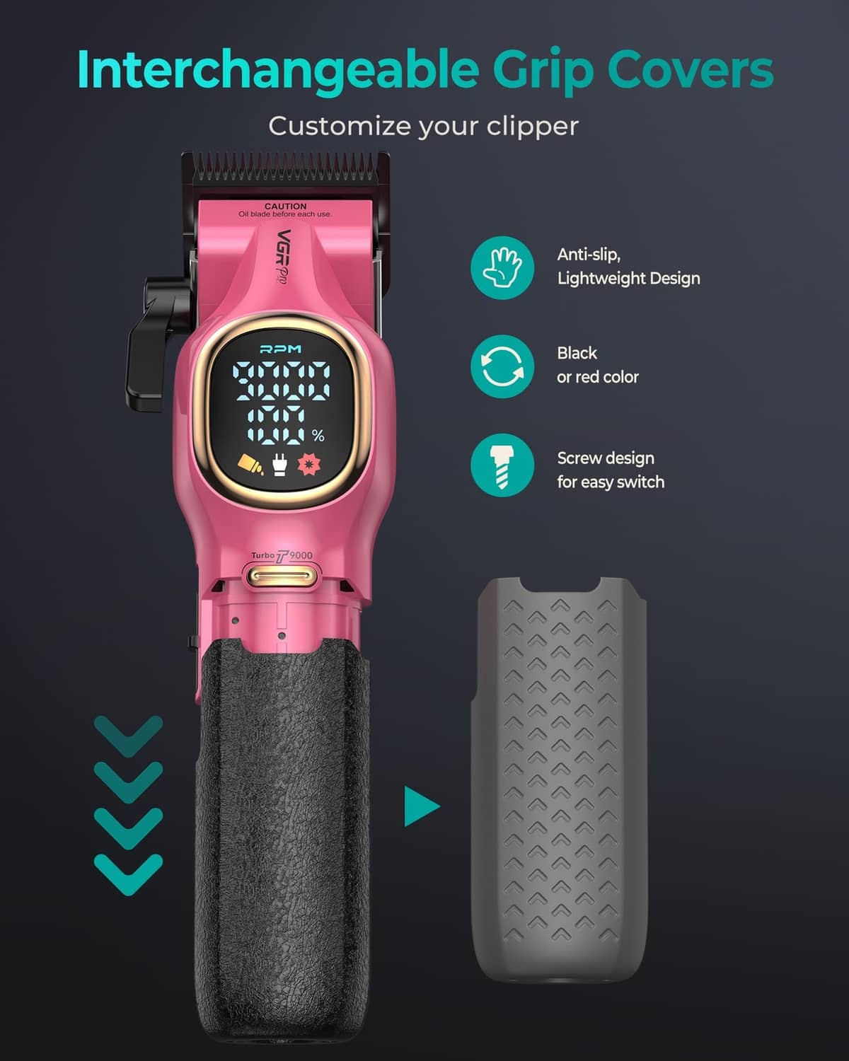 Pink hair clipper with interchangeable grip cover in gray and black