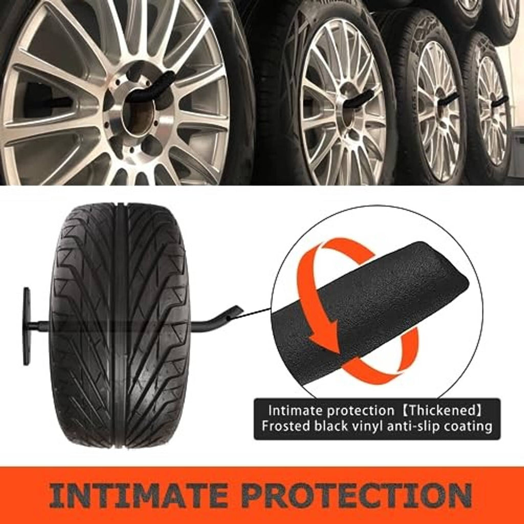 Black tire wall hook supporting a tire, with protective curved arm and anti-slip surface.