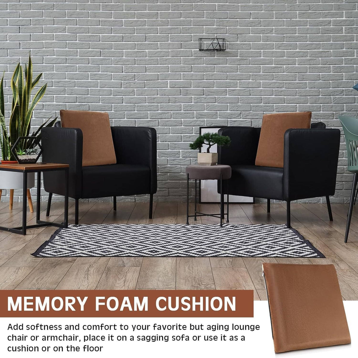 Brown square seat cushion placed on an outdoor chair with dark frame
