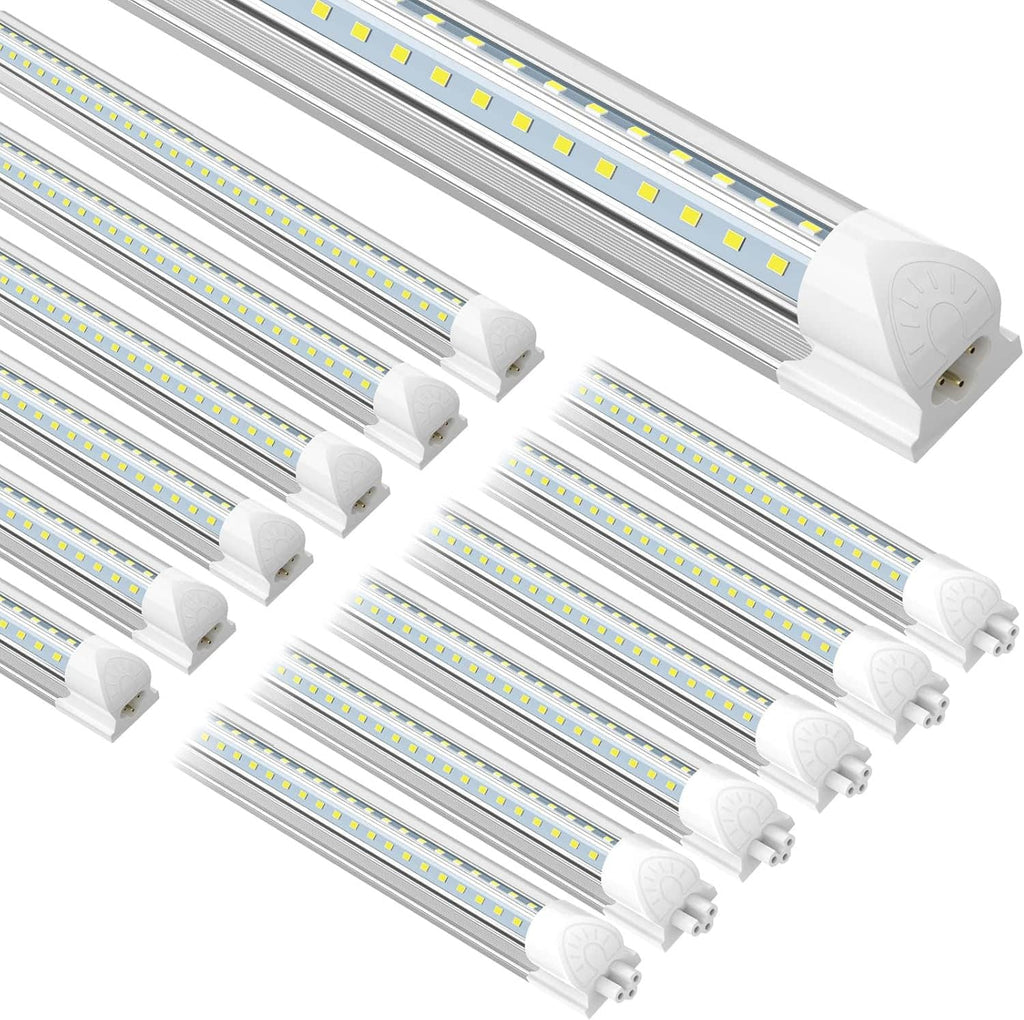 LED shop light set with V-shaped white end caps, long linear LED fixtures
