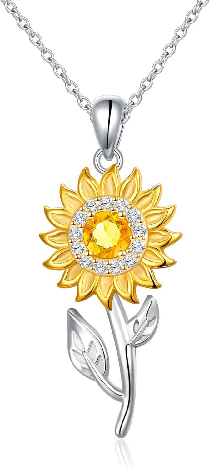 Sterling silver sunflower pendant necklace with gold petals, amber center, zircon halo