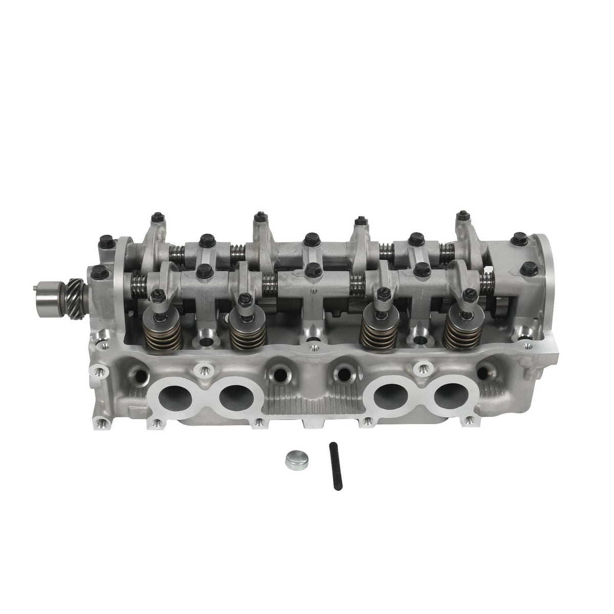 Cylinder head assembly side view with camshaft and valve springs, metal housing