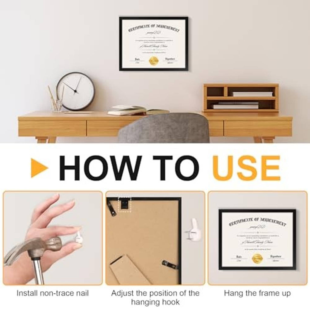 Certificate frame how-to use guide showing mounted frame and hook and nail installation