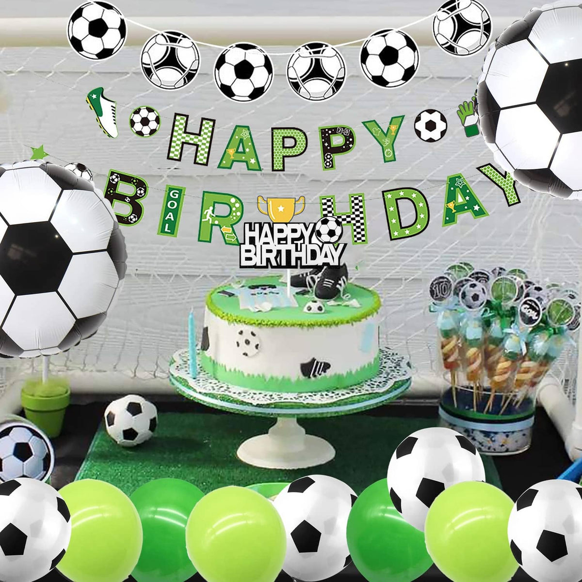 Soccer birthday banner with green “Happy Birthday” text and soccer ball garlands, with balloons