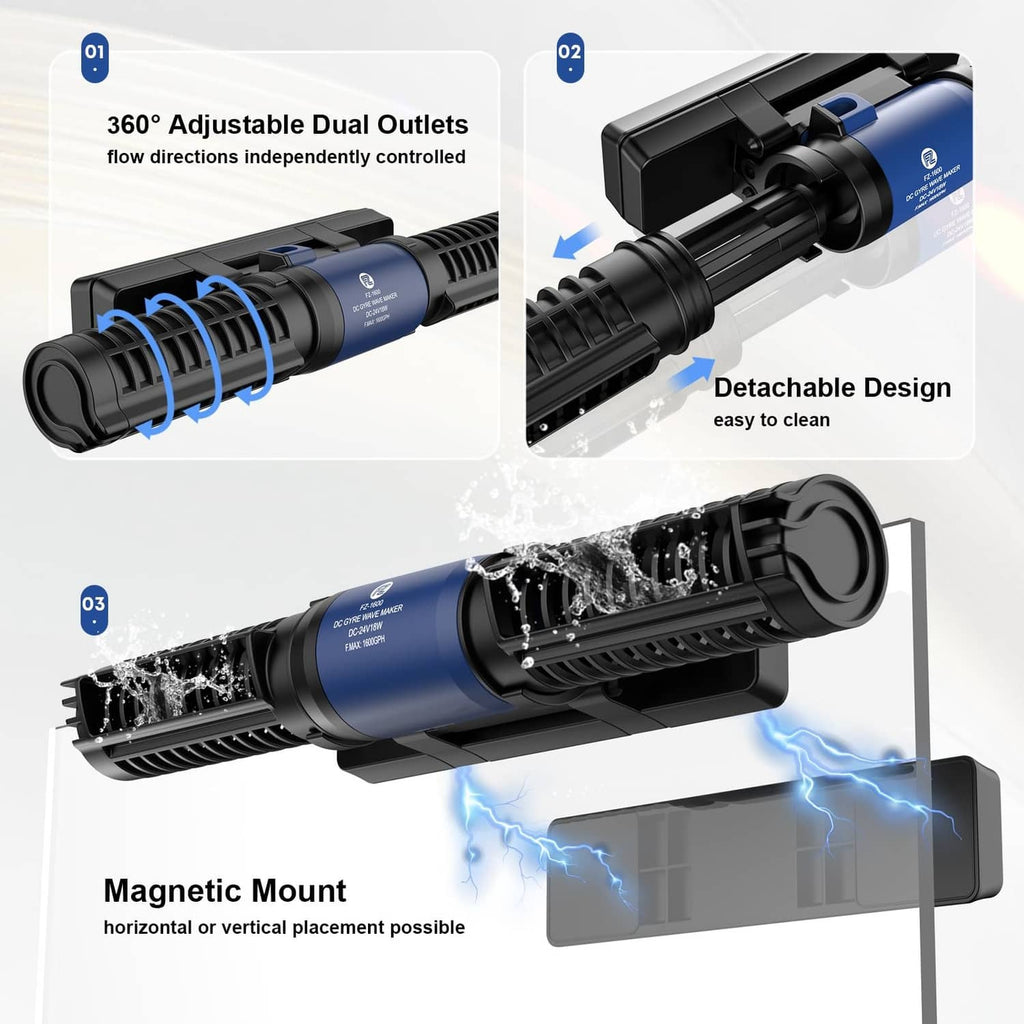 Blue and black aquarium wave maker with detachable housing and dual outlets