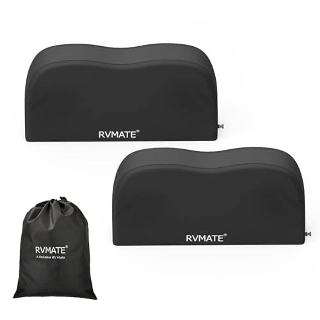 Set of two black dual axle wheel covers with RVMATE logo; storage bag included