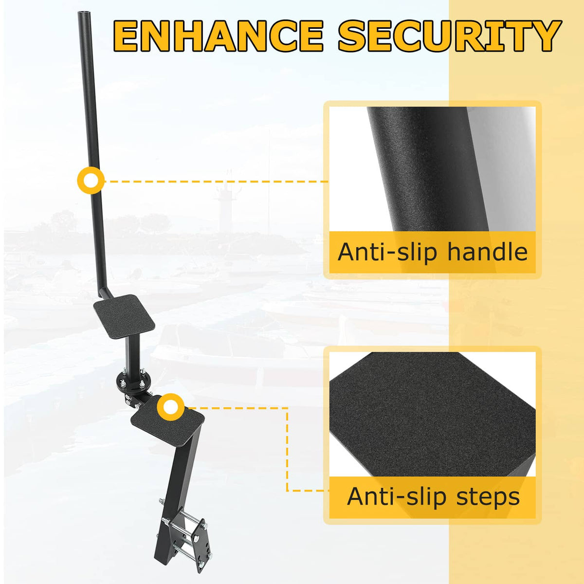 Boat step assembly with anti-slip handle and textured anti-slip steps, black