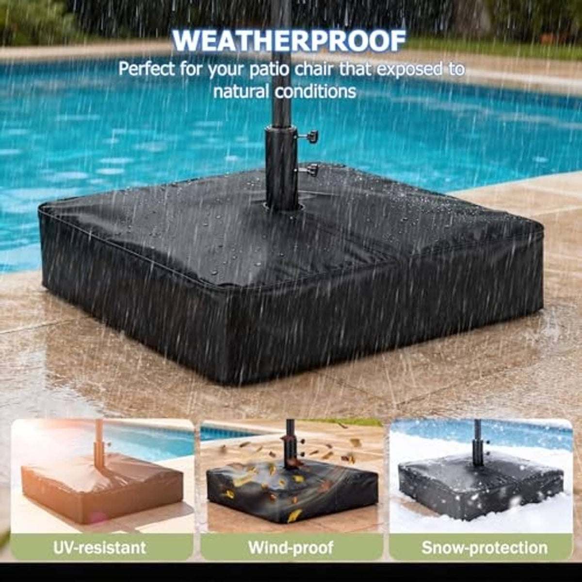 Black heavy-duty umbrella base cover with pole opening, wet from rain.