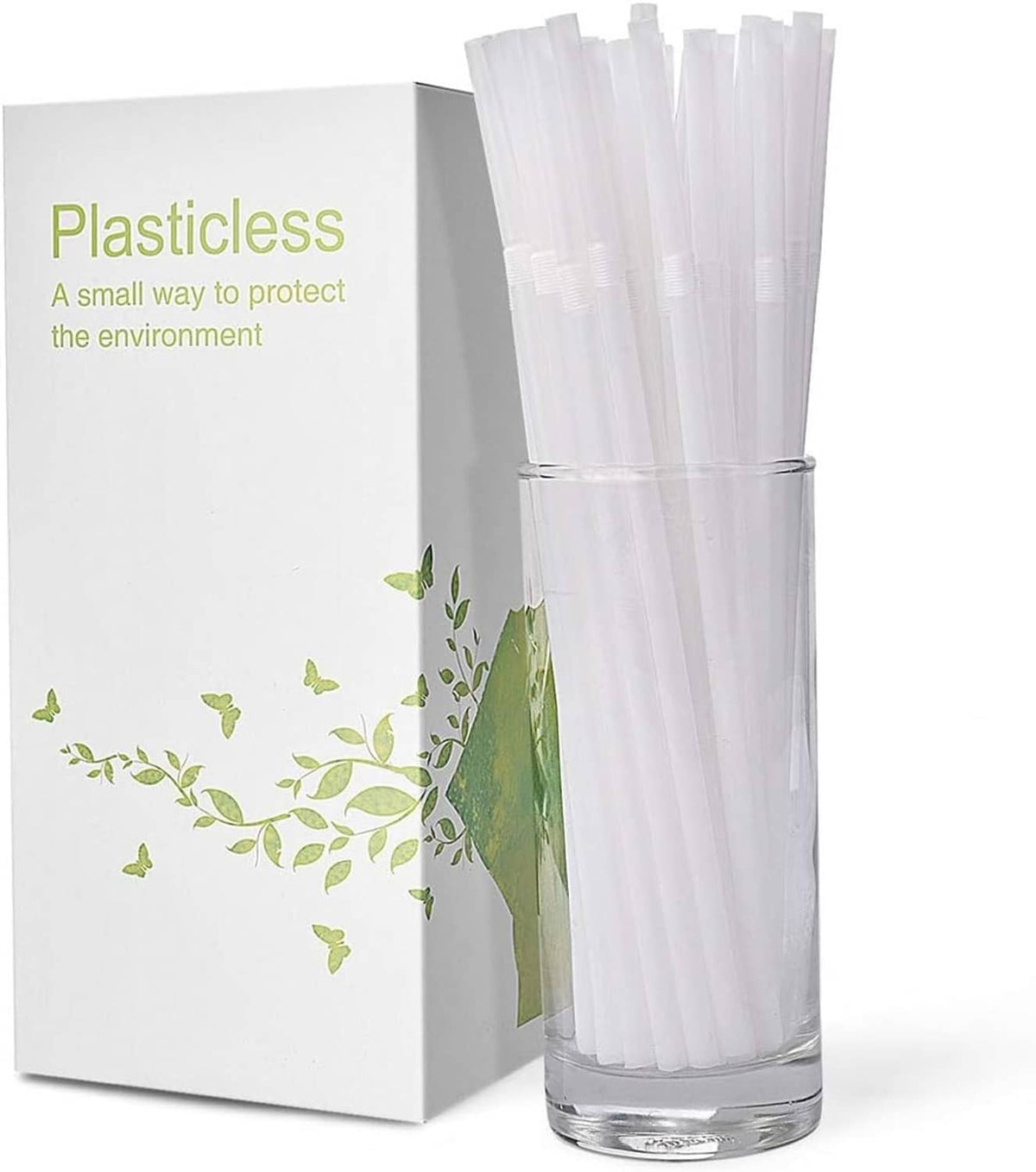 White PLA straws bundle in clear cylinder with paper packaging box