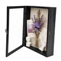 Black pine wood shadow box frame, open front with lavender bouquet and decorative busts